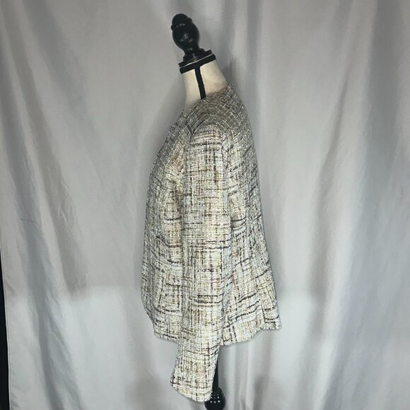 Anne Klein - Latte Lined Tweed Sequin Plaid Tulip Cut Slit Sleeve Blazer Size 12 - Picture 4 of 13